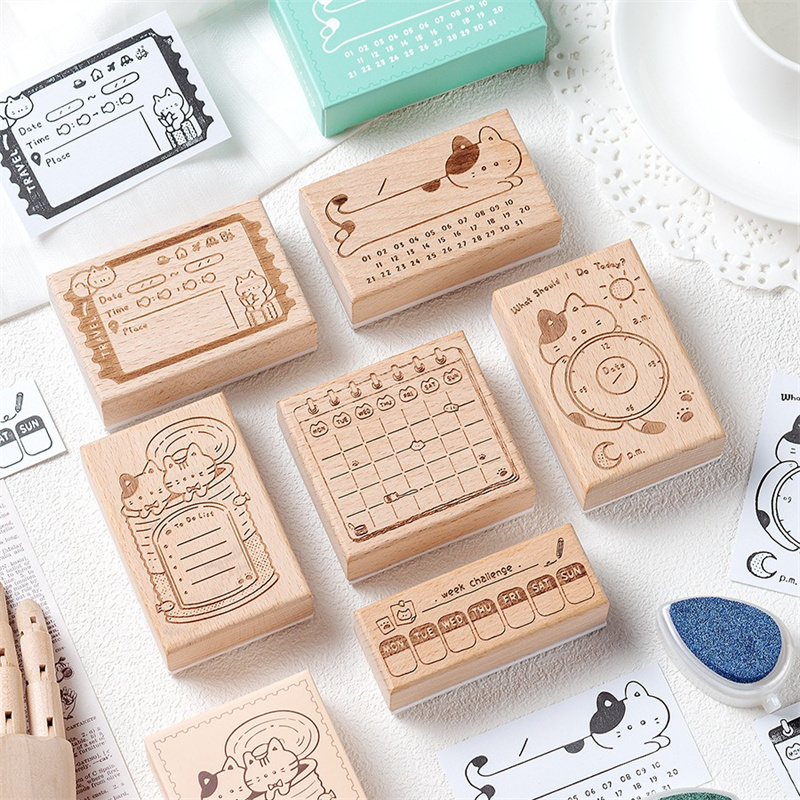 Rubber Date Stamp - 귀여운 고양이 나무 고무 스탬프 월간