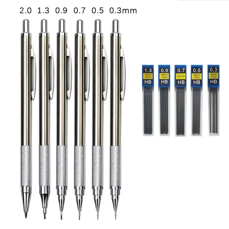 Mechanical Pencil 0.3 - 금속 기계식 연필 세트 0.3/0.5/0.7/0.9/1.3/2.0mm 사무실